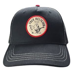 True Religion Black Buddha Patch Trucker Hat Men's Y2K Snapback Cap Adjustable